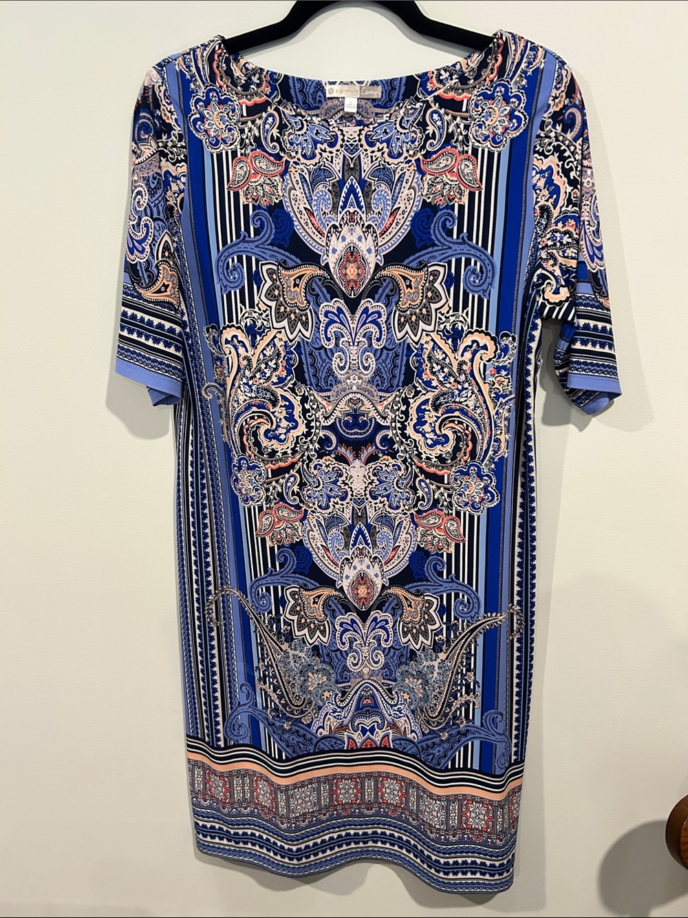 Dress Barn Blue Paisley-Print Midi Dress with Pink Accents